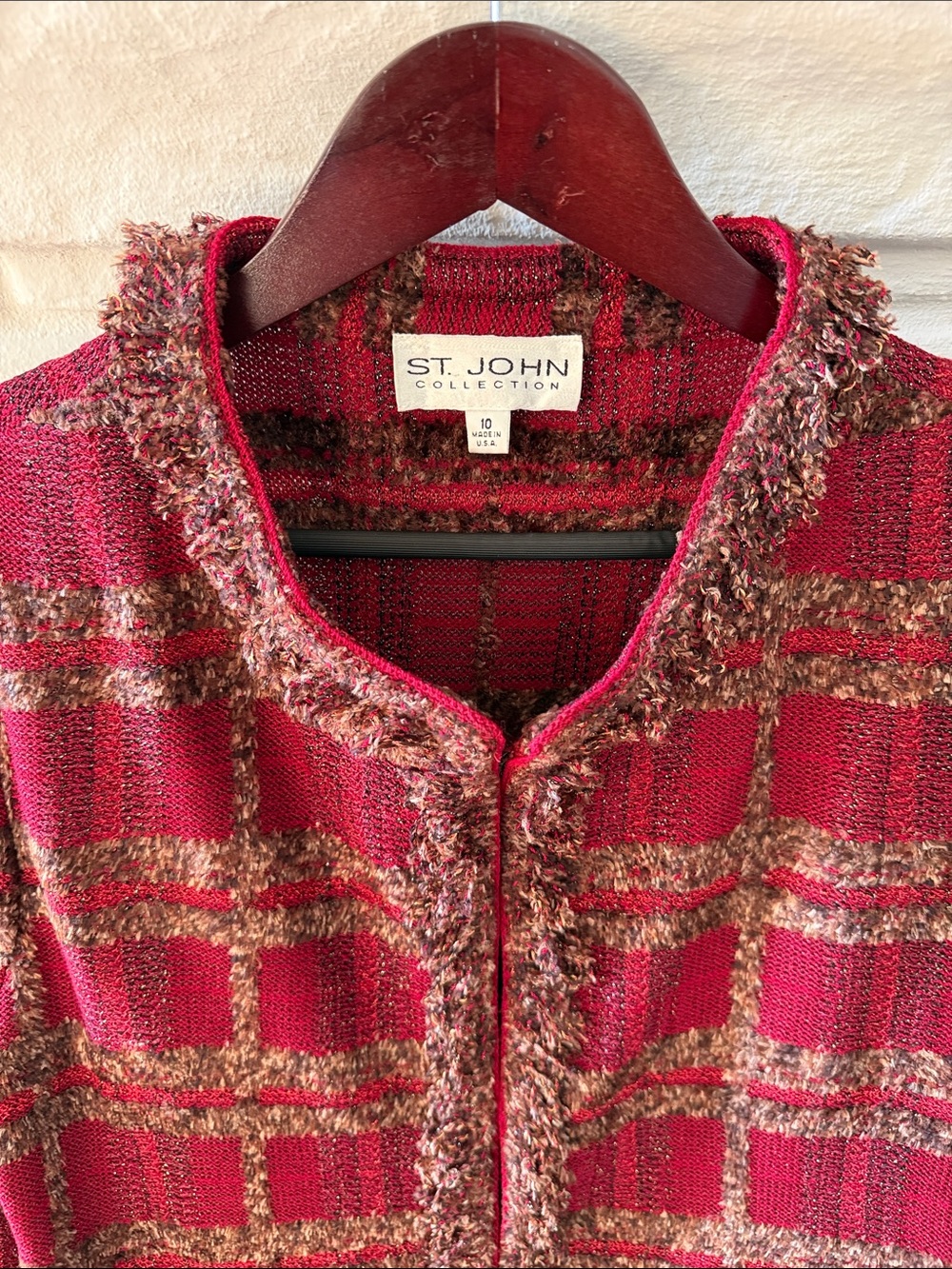 St. John Red & Brown Tweed Fringe-Trim Jacket - Picture 2 of 7